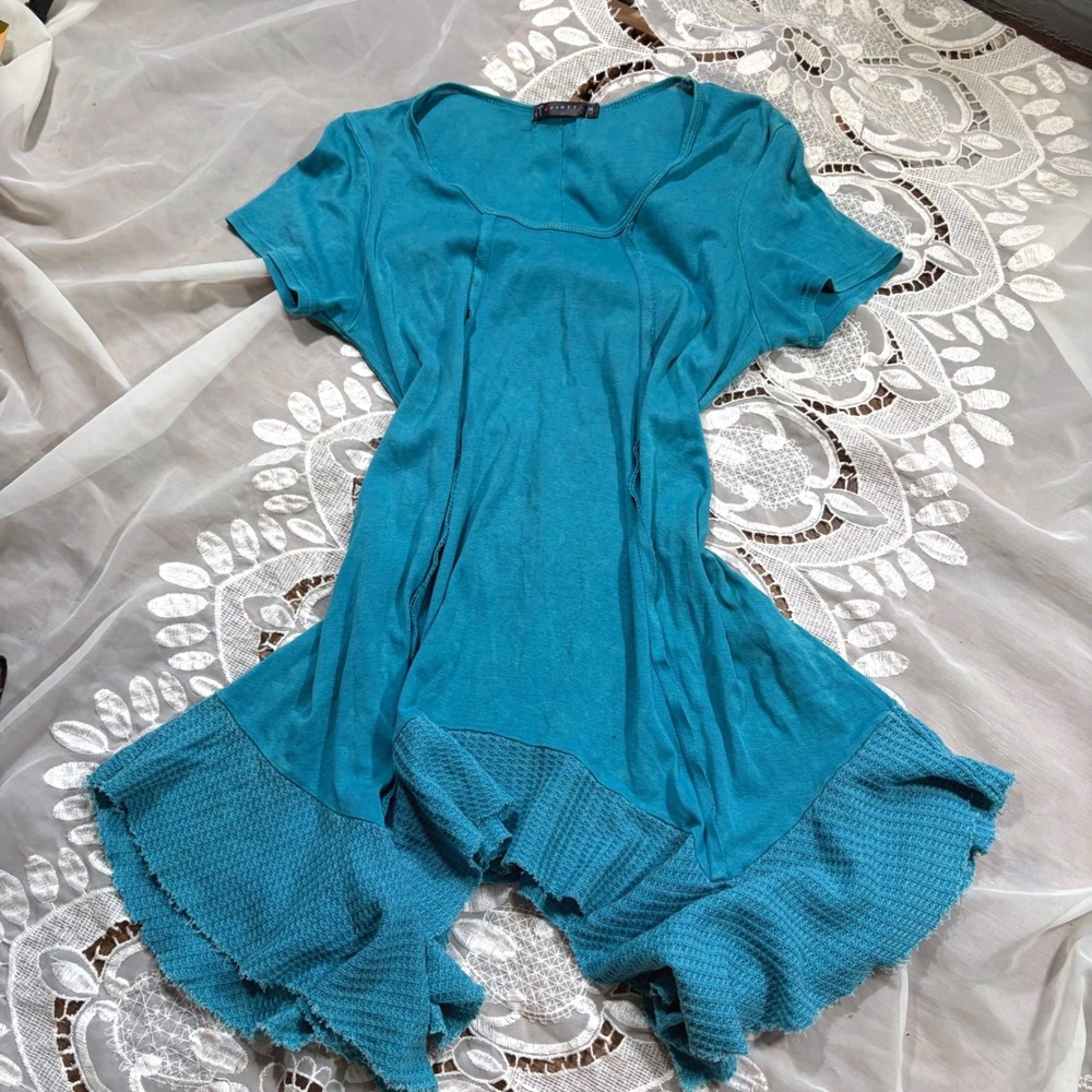 Y2K Fairy Teal Blue Waffle Knit Ruffle Hem Top T1RR42174 Size M